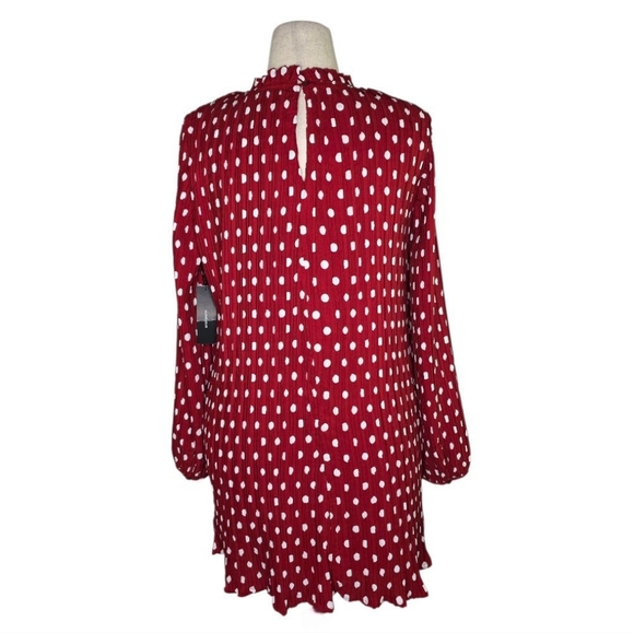 Lulus Pleat to Meet You Wine Red Polka Dot Long Sleeve Shift Mini Dress M - Picture 4 of 11
